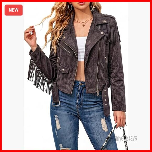 Jackets & Blazers - Short Faux Leather Moto Jacket with Tassel Trim and Belt